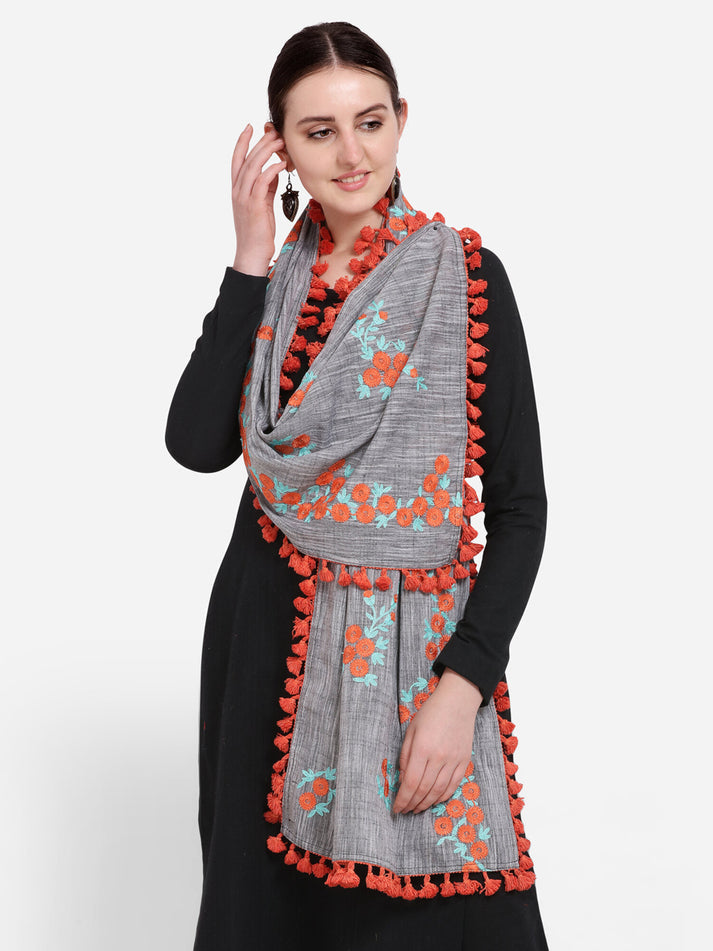Gray Floral Embroidered Pure Khadi Dupatta with Fancy Lace