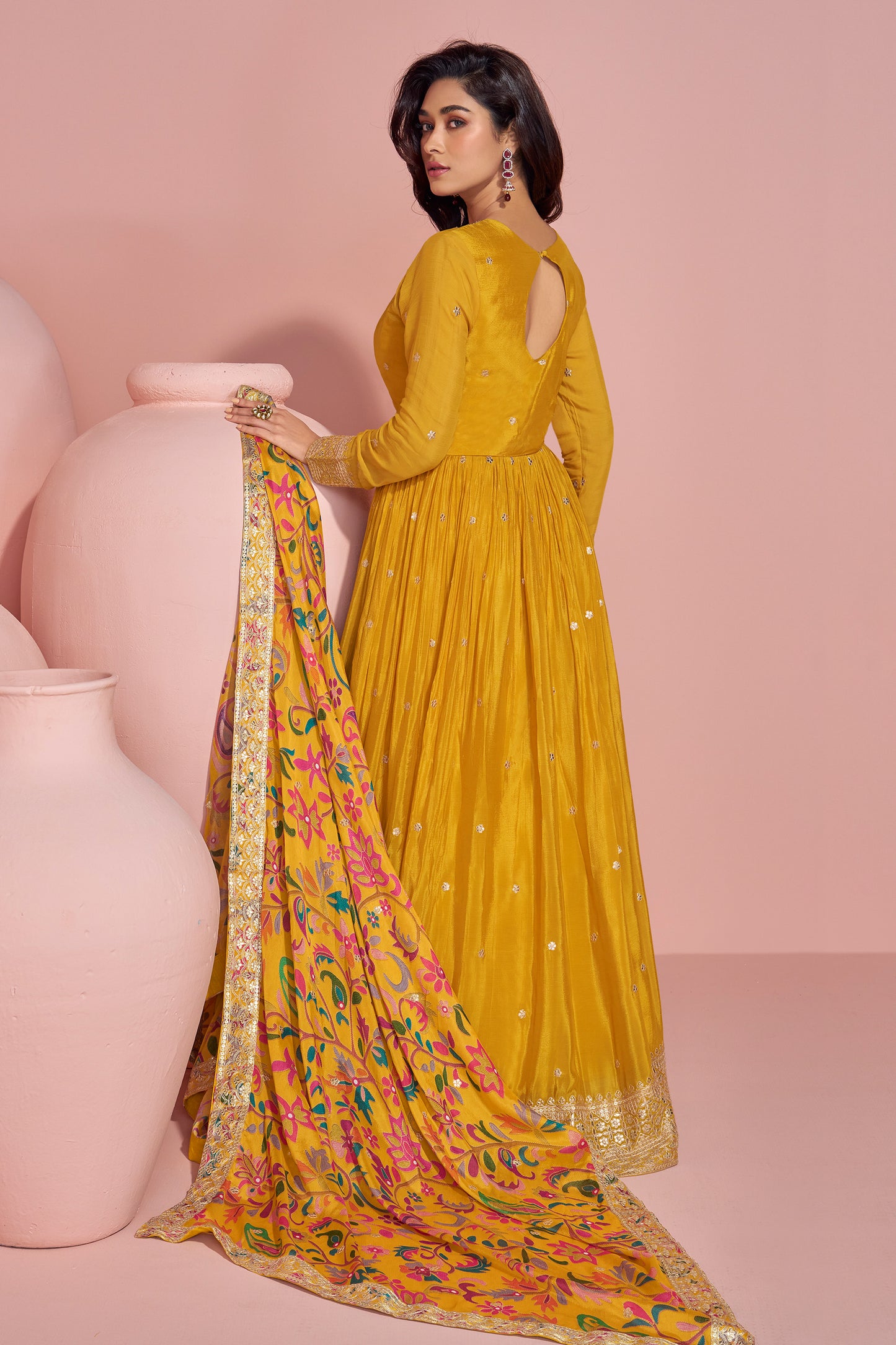 Indian Chinon Silk Anarkali Gown for Haldi with Printed Dupatta