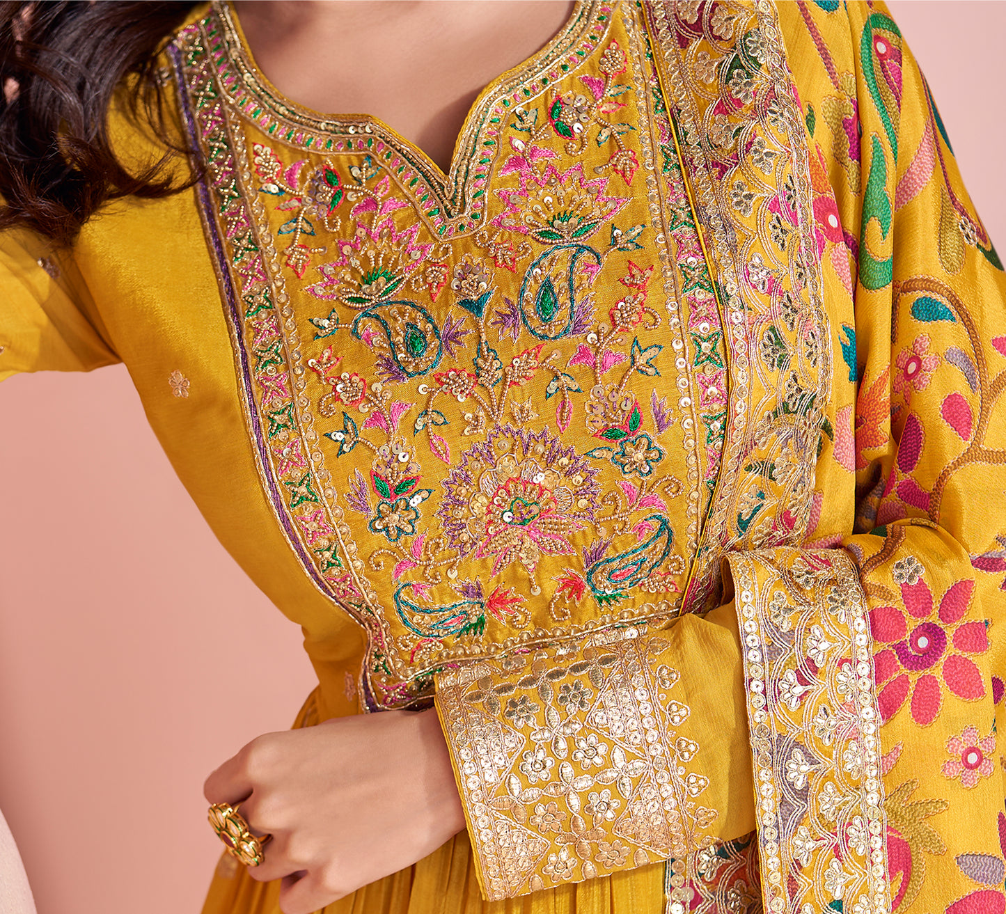 Indian Chinon Silk Anarkali Gown for Haldi with Printed Dupatta