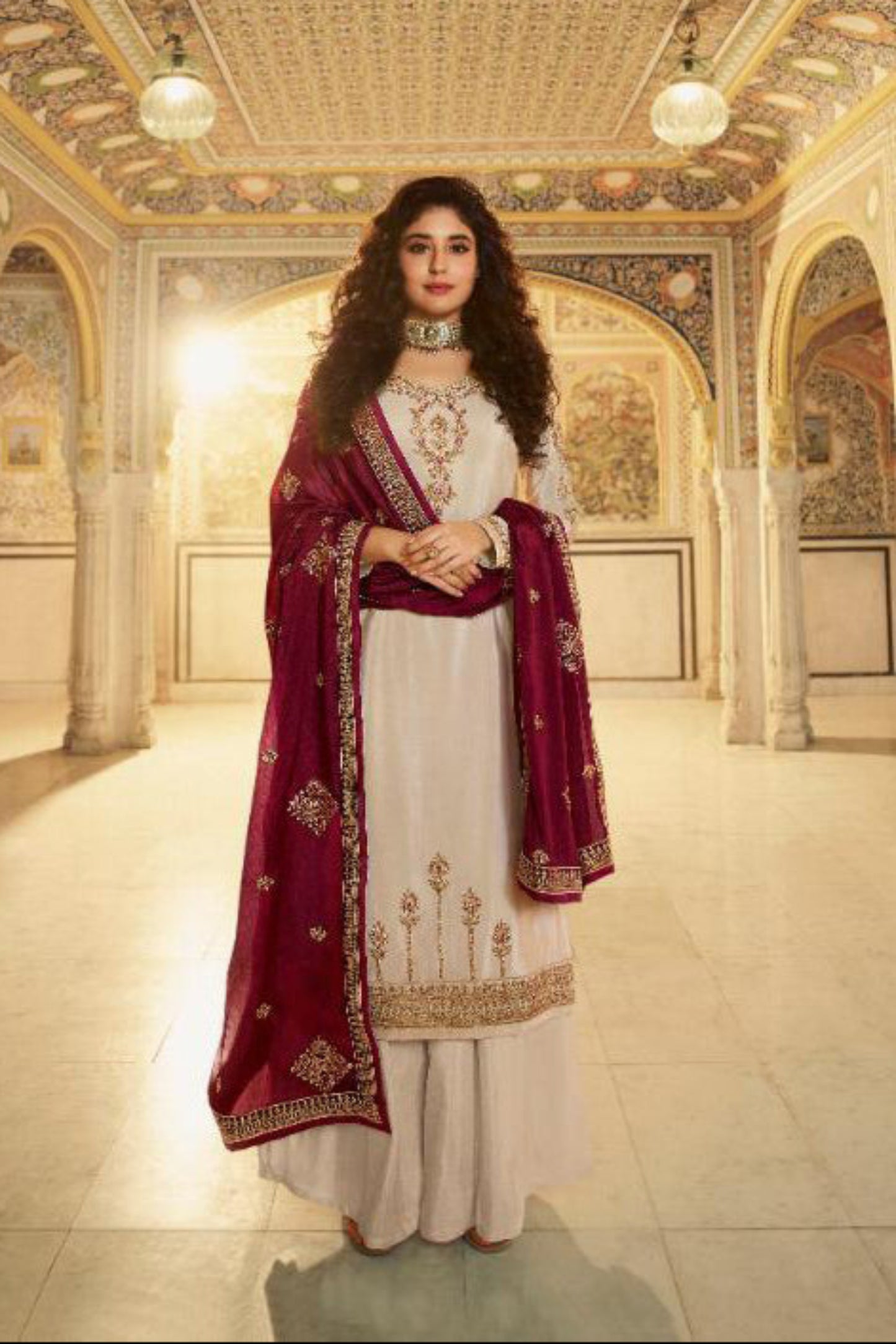 Cream Embroidered Bollywood Style Palazzo Dress with Dupatta