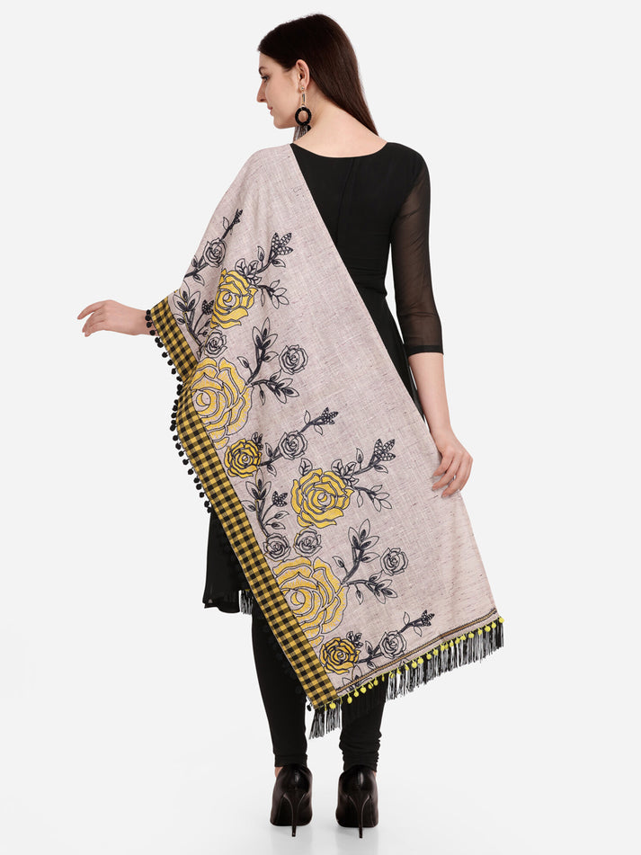 Gray Rose Print Embroidered Khadi Cotton Designer Dupatta
