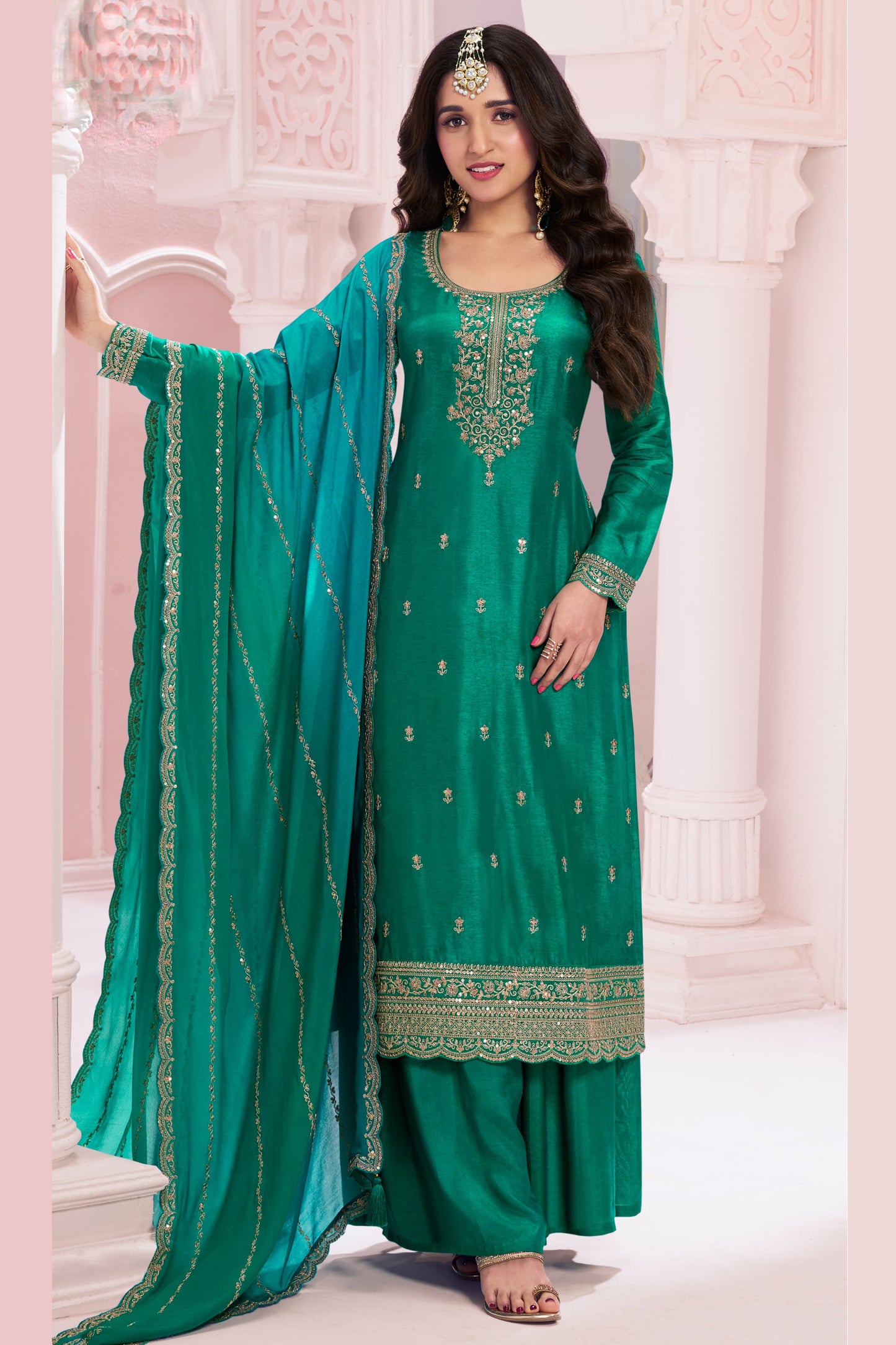 Wedding-Reception Special Dark Green Color Plazzo Dress With Dupatta