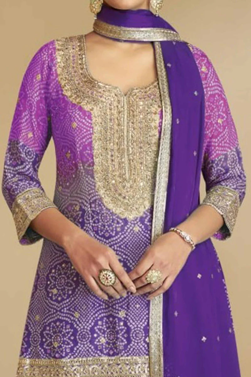 Chinon Designer Purple Wedding Party Wear Salwar Kameez Palazzo Suit