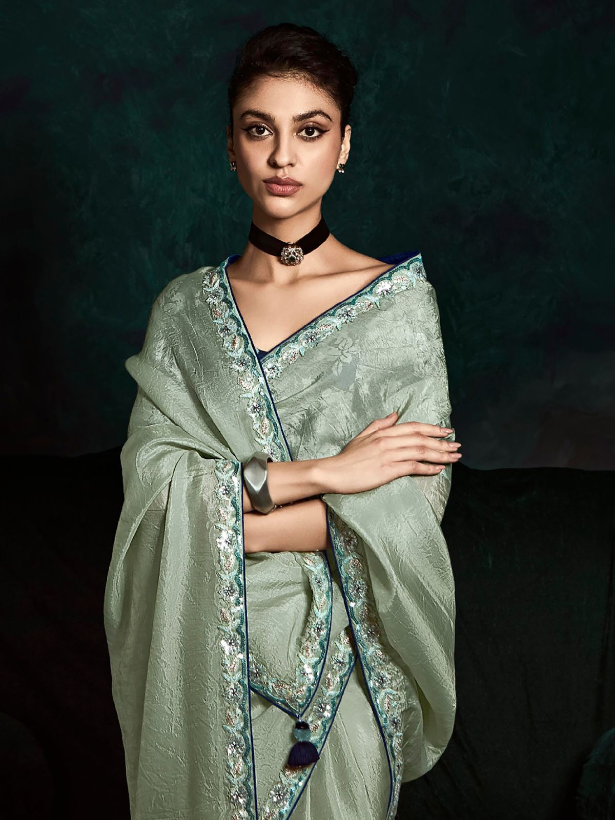 Stunning Pastel Green Embroidery & Sequins Work Saree With Floral Print Blouse For Special Occasion
