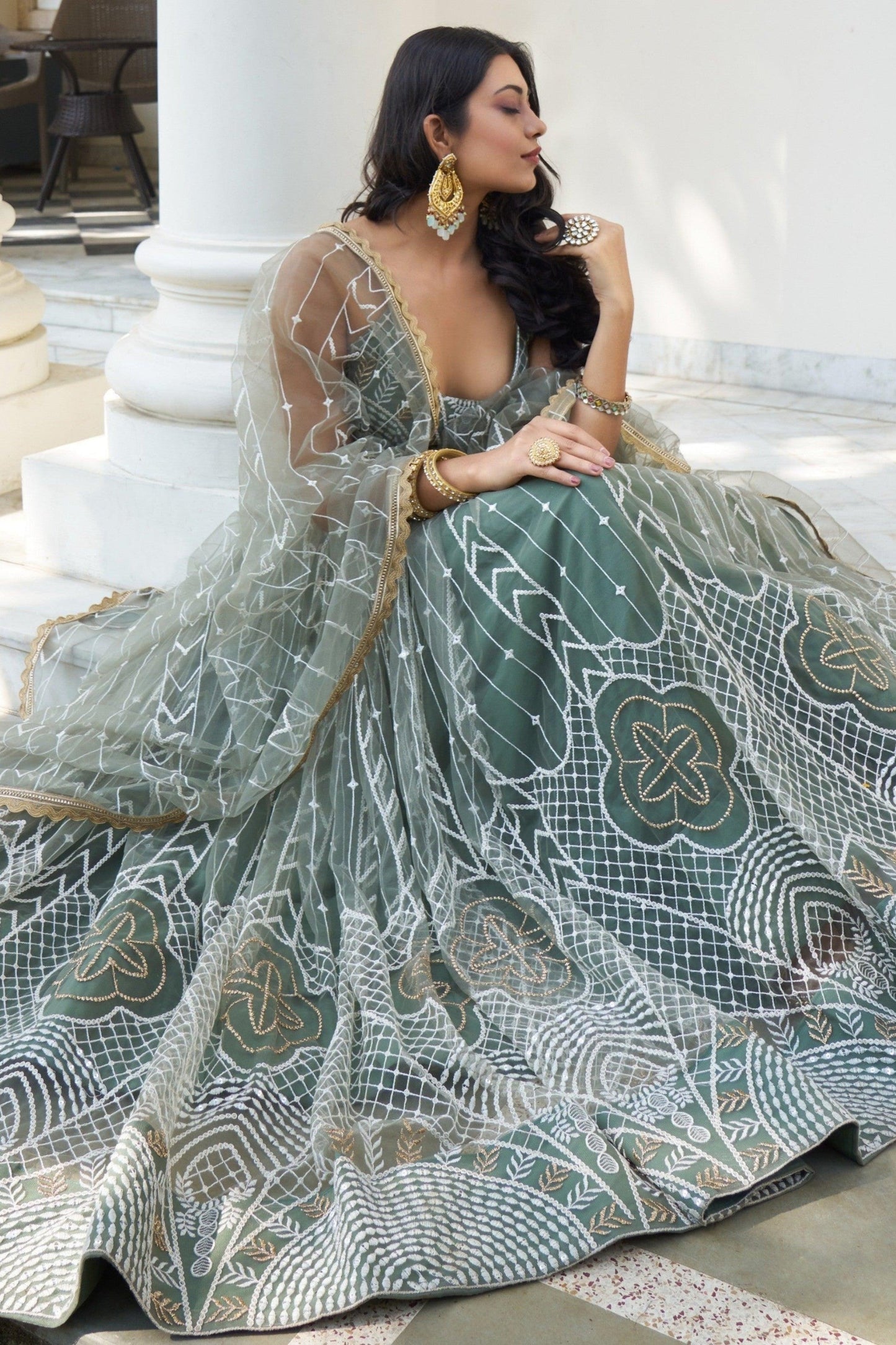 Wedding-Reception Special Olive Green Color Multi Embroidery Work Party Wear lehenga