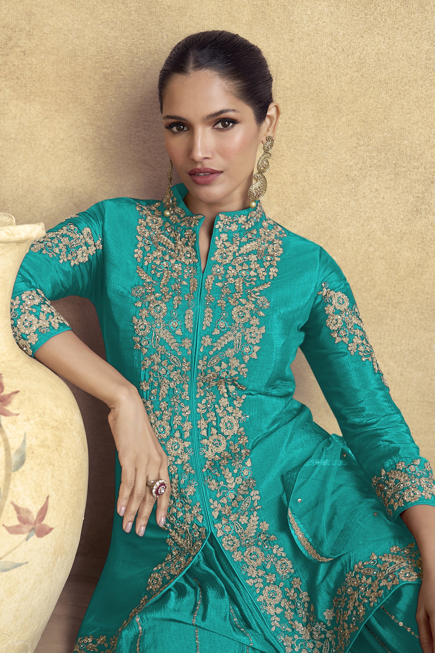 Exclusive Teal Color Salwar Kameez Plazzo With Dupatta Suit For USA Customers