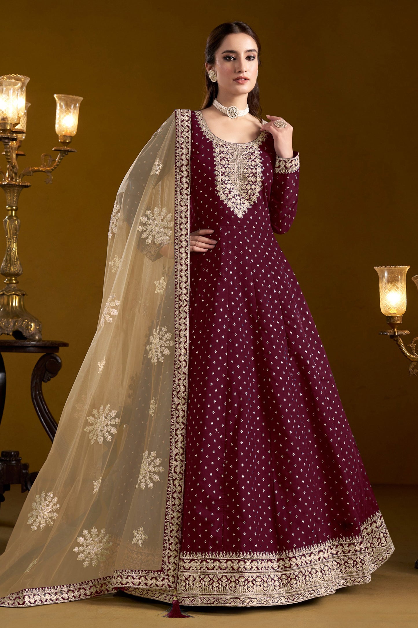 Wedding-Receotion Special Wine Color Anarkali Gown With Dupatta