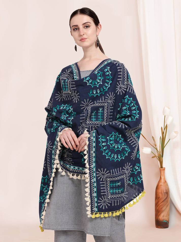 Navy Blue Designer Khadi Cotton Dupatta with Heavy Embroidery