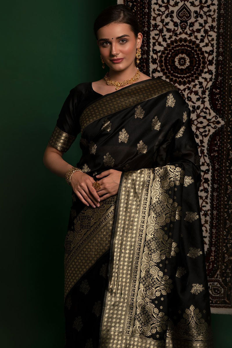 Black Woven Zari Work Saree for Indian & Pakistani Wedding Functions