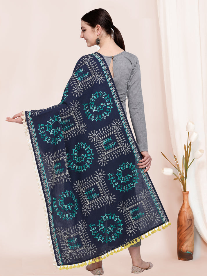 Navy Blue Designer Khadi Cotton Dupatta with Heavy Embroidery