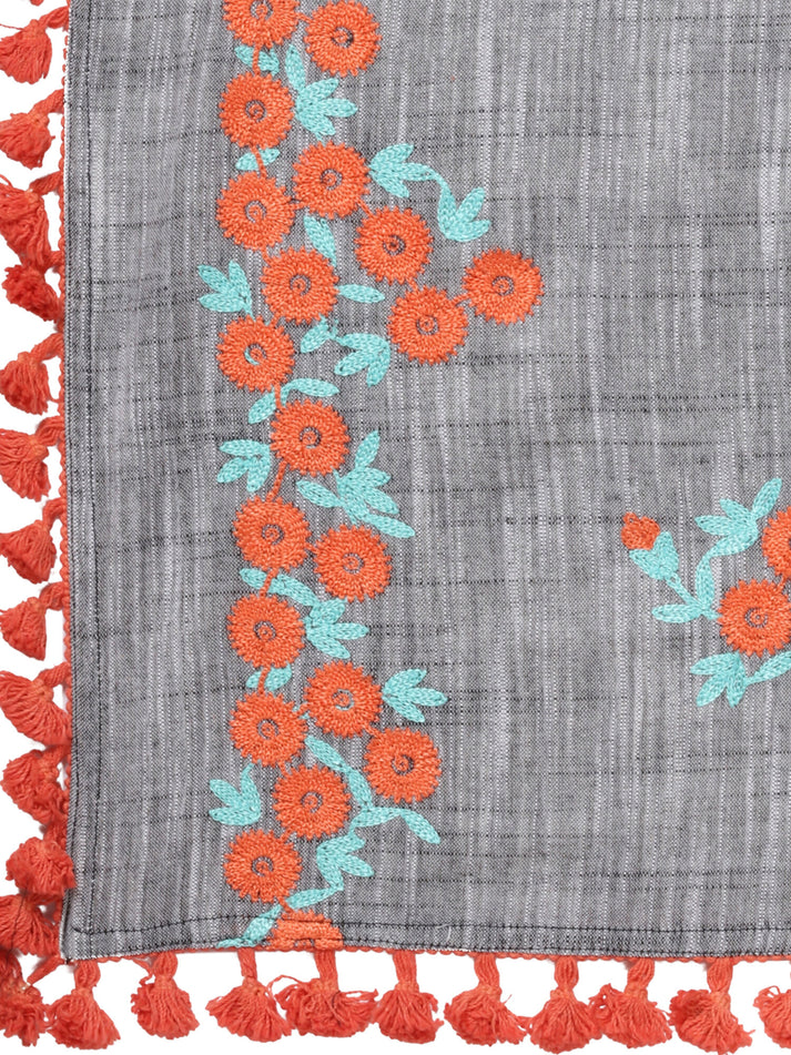 Gray Floral Embroidered Pure Khadi Dupatta with Fancy Lace
