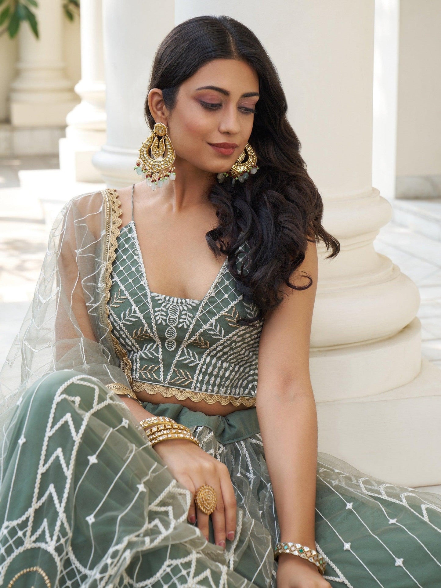 Wedding-Reception Special Olive Green Color Multi Embroidery Work Party Wear lehenga