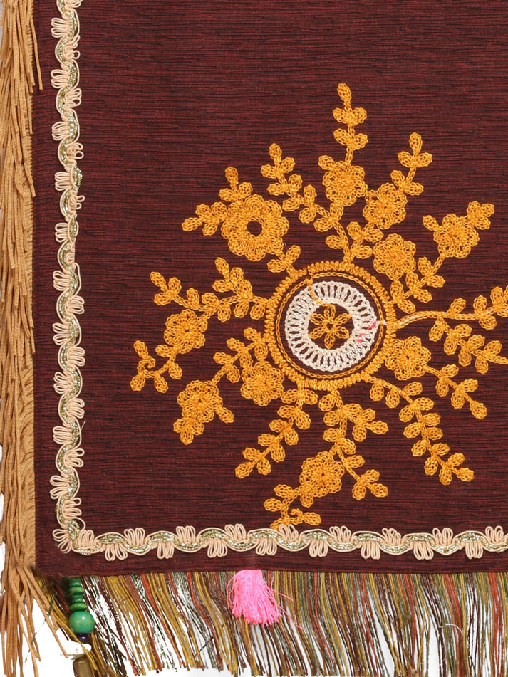 Brown Embroidered & Floral Print Khadi Cotton Dupatta