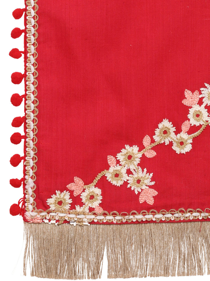 Red Floral Embroidered Khadi Cotton Dupatta – Indo-Pak Style