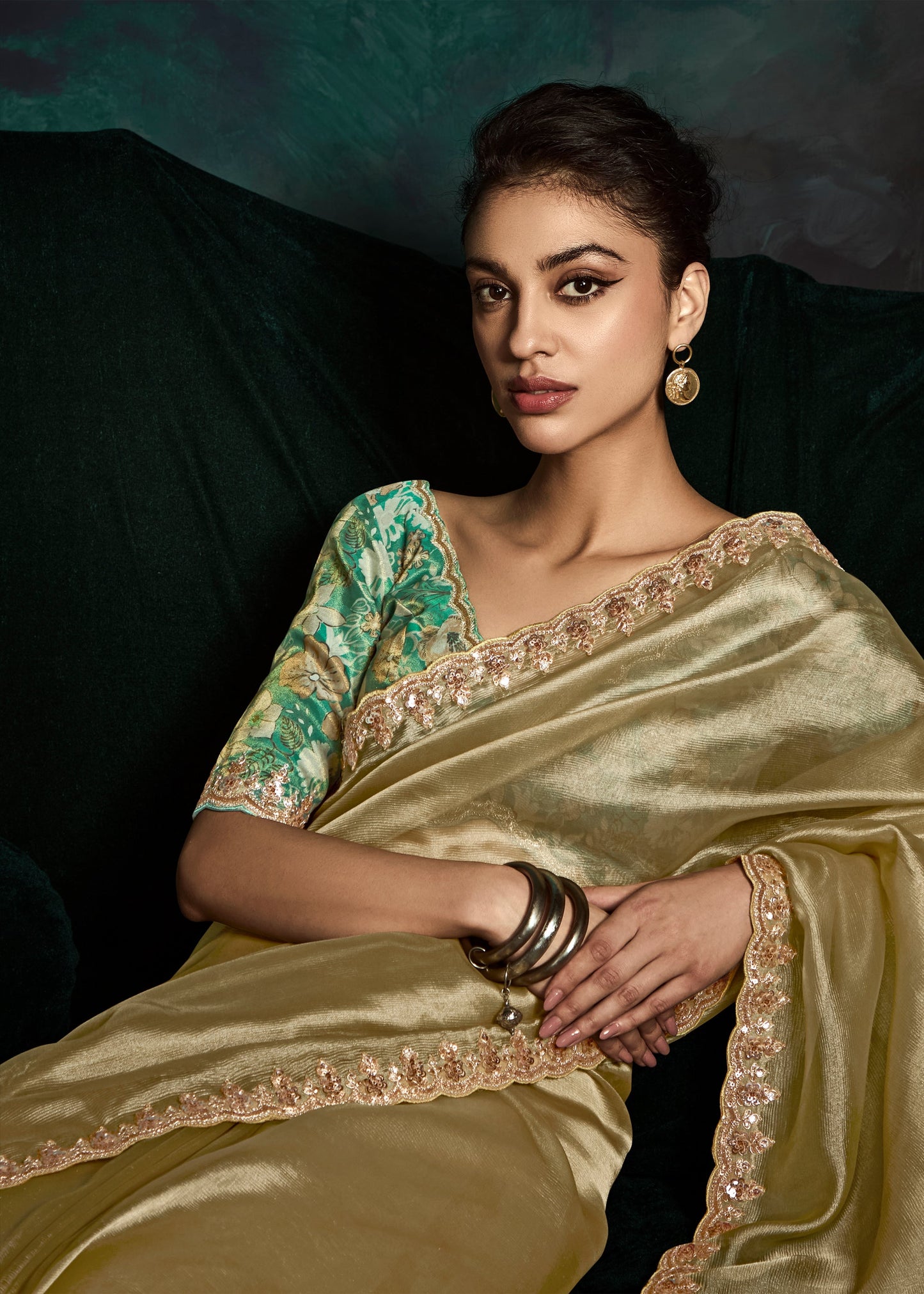Wedding Special Designer Pastel Yellow Embroidery Work Saree With Printed Blouse