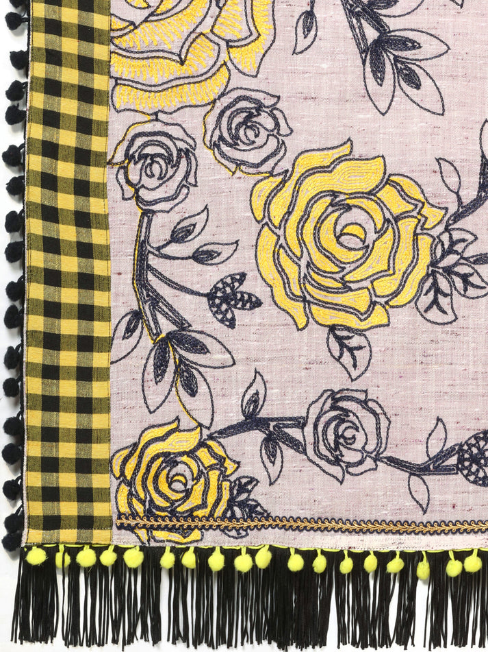 Gray Rose Print Embroidered Khadi Cotton Designer Dupatta