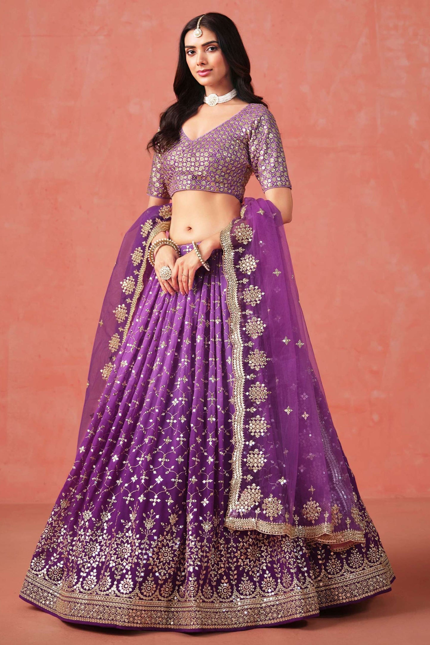 Women's Purple Design Sequins With Georgette Lehenga Choli With Dupatta