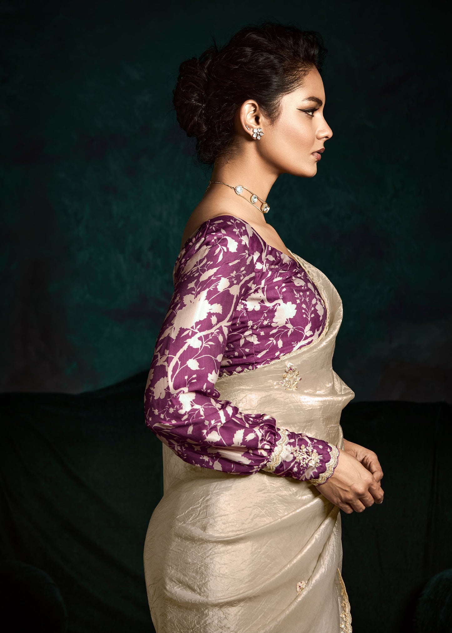 Beige Color Designer Embroidery Work Saree With Printed Blouse
