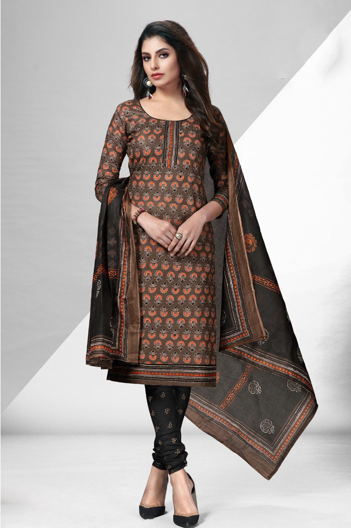 New Designe Brown Color Cotton Printed Bandhani Work Churidar Salwar Kameez Suits