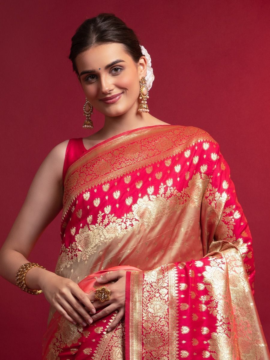 Women's Wear Ready To Wear Red Color Weaving Work Stylish Silk Fabric Saree