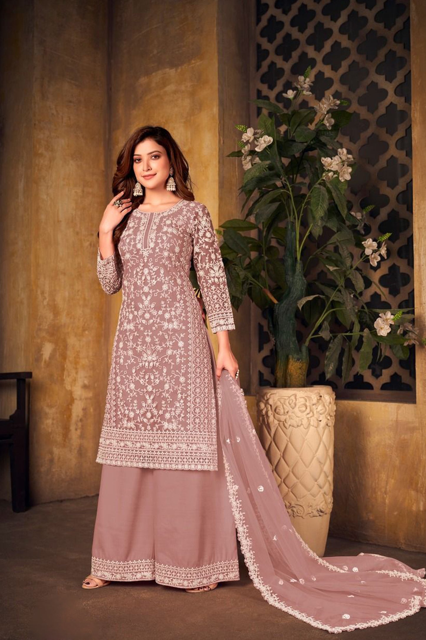 Pink Color Net With Coding Palazzo Suit For Indian Wedding-Reception