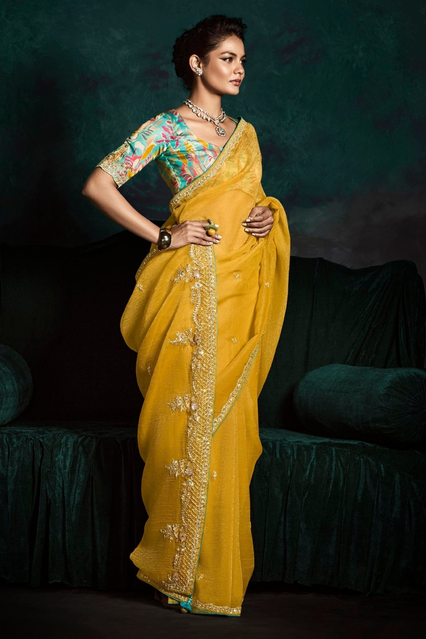 Yellow Color Satin Silk Design Haldi Function Wear Saree With Floral Print Blouse
