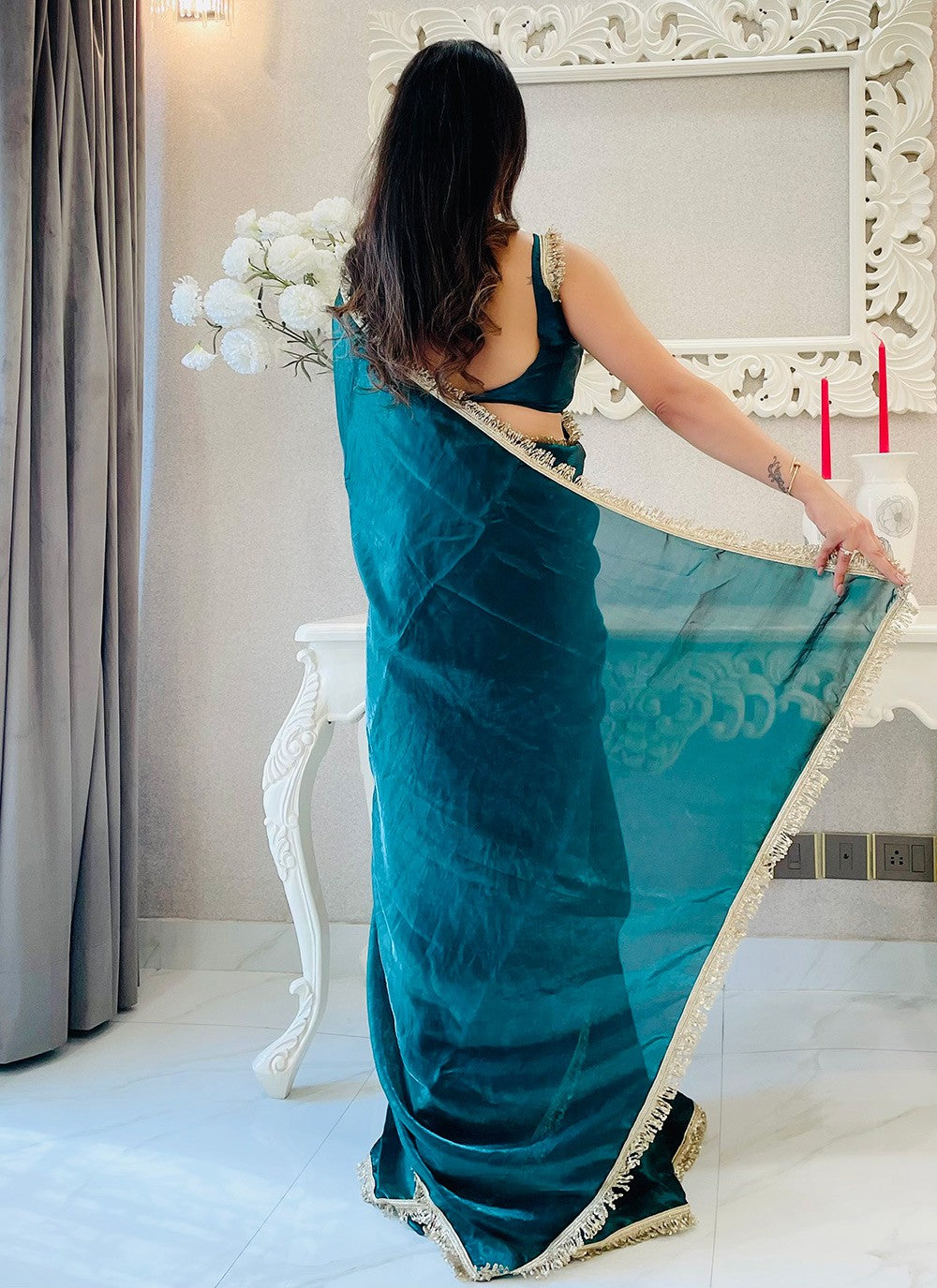 Teal Blue Designer Satin Silk & Embroidery Work Ceremonial Wear Classis Saree