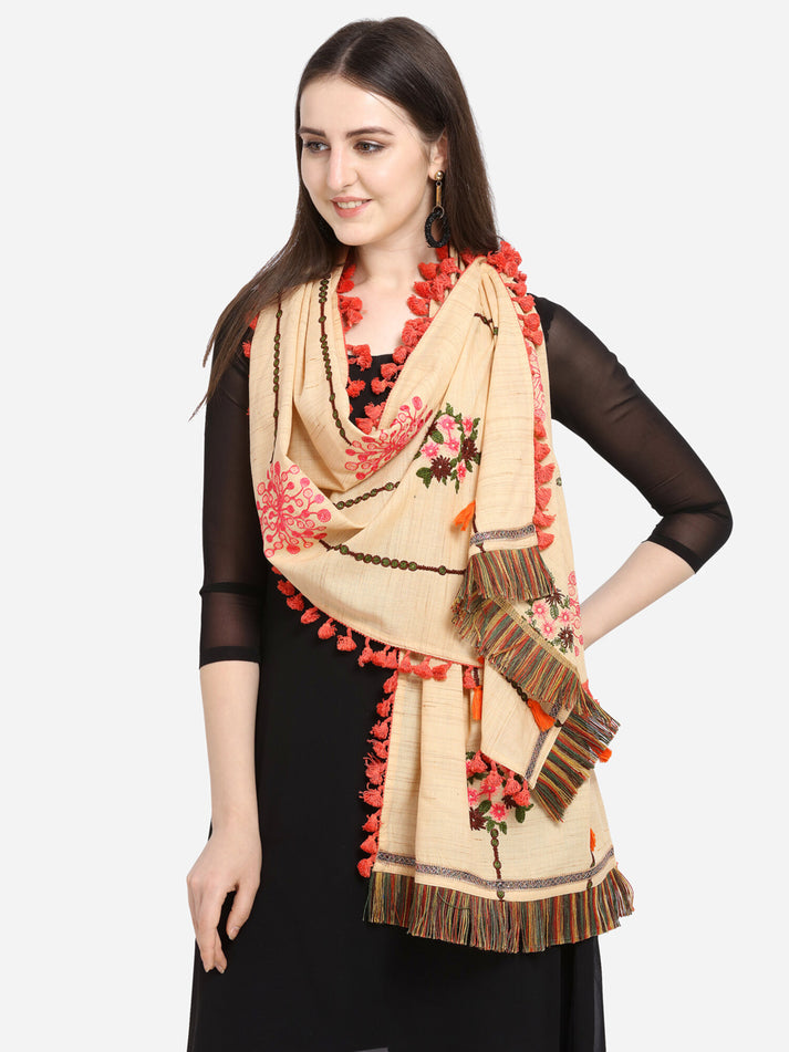Beige Floral Embroidered Khadi Cotton Dupatta for Festive Wear