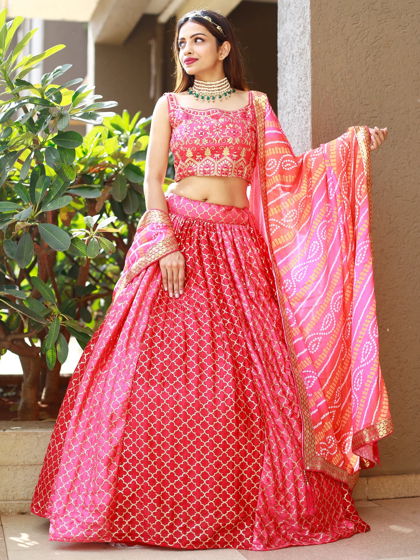 Newest Style Pink Color Ready To Wear Thread Embroidery Work Lehenga With Dupatta
