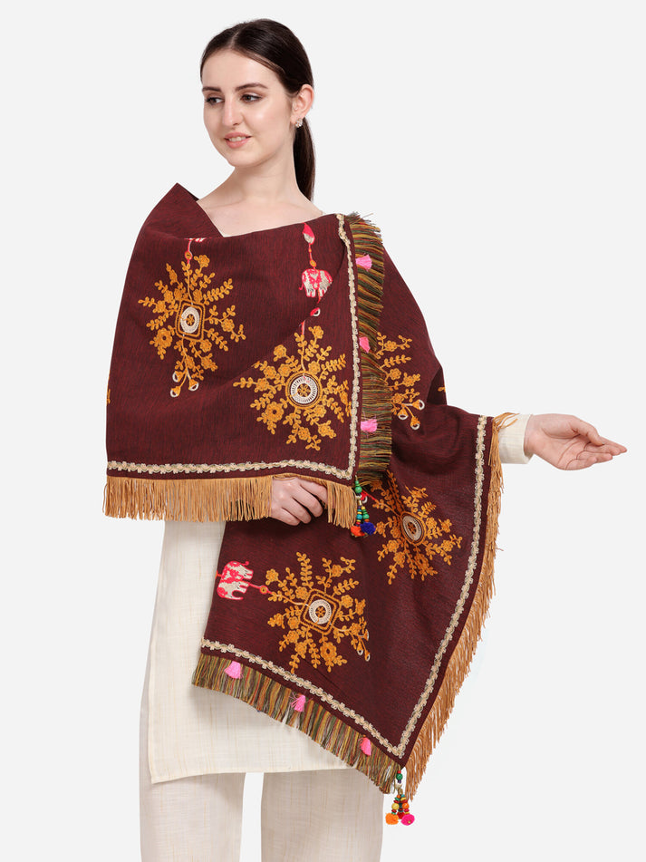 Brown Embroidered & Floral Print Khadi Cotton Dupatta