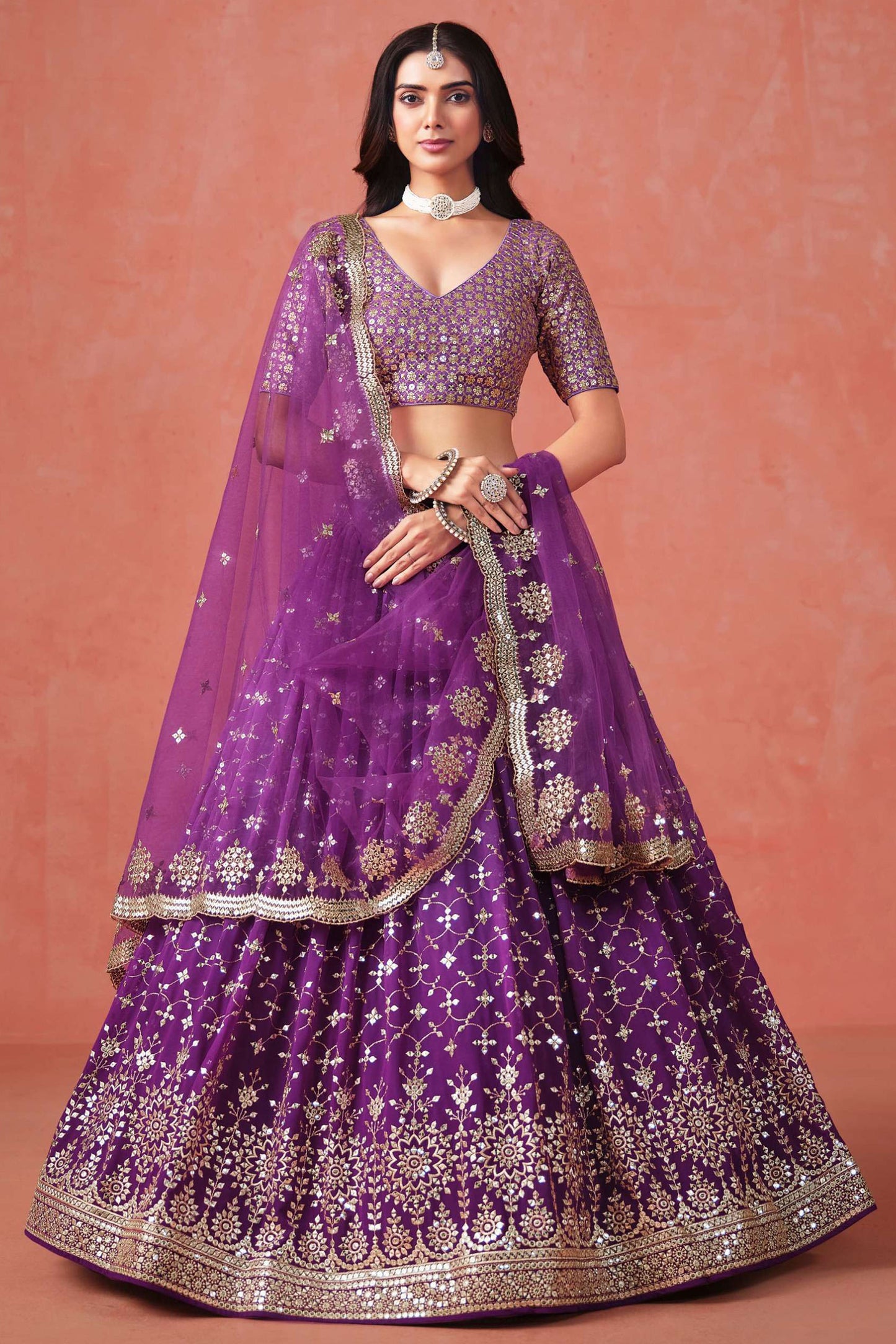 Women's Purple Design Sequins With Georgette Lehenga Choli With Dupatta