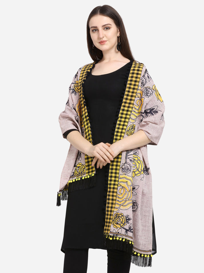 Gray Rose Print Embroidered Khadi Cotton Designer Dupatta