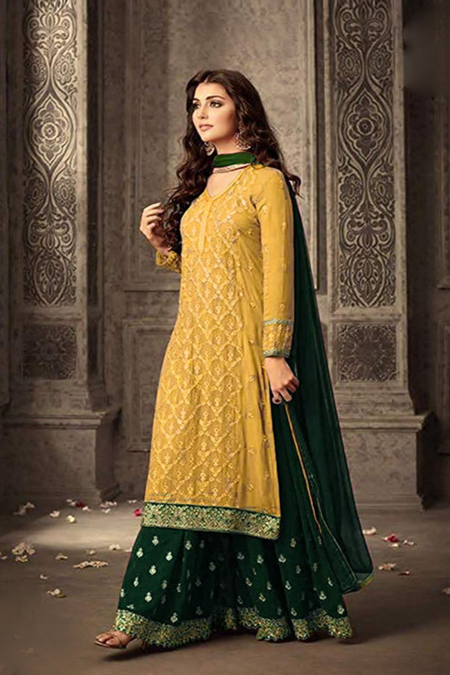 Yellow Indian Ethnic Embroidered Designer Palazzo Dress with Dupatta