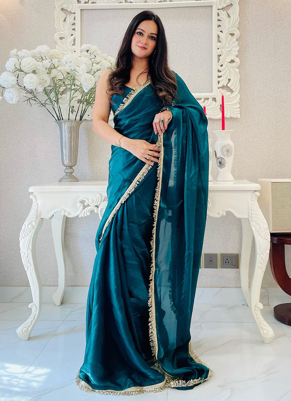 Teal Blue Designer Satin Silk & Embroidery Work Ceremonial Wear Classis Saree