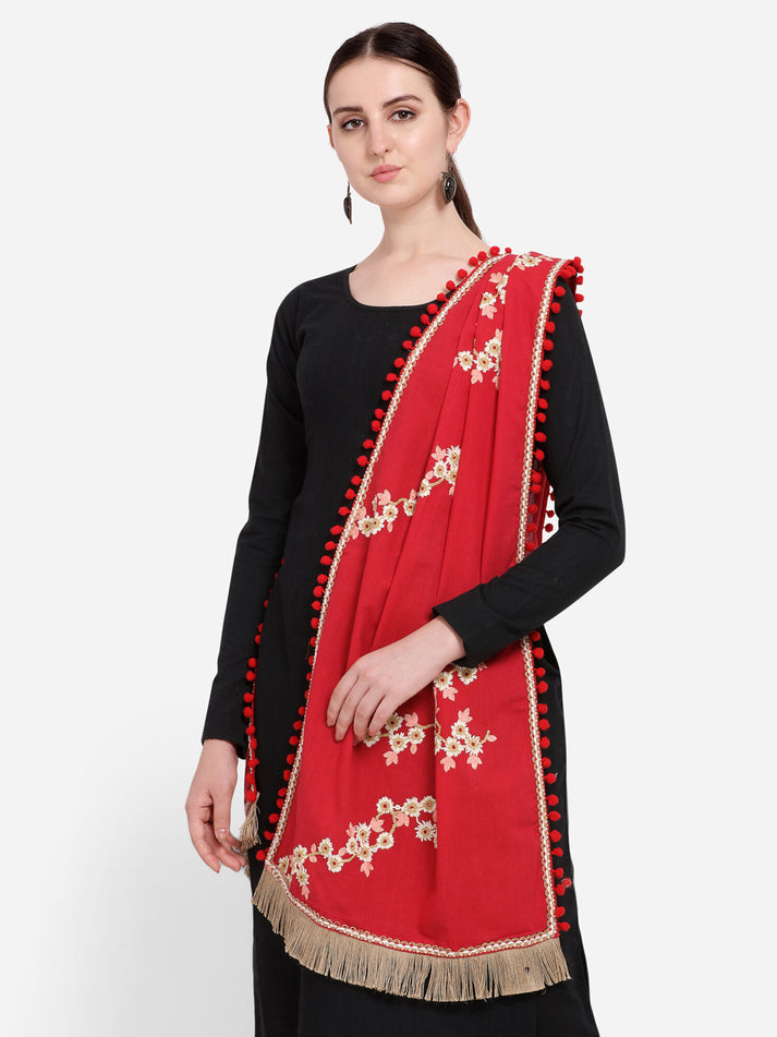 Red Floral Embroidered Khadi Cotton Dupatta – Indo-Pak Style