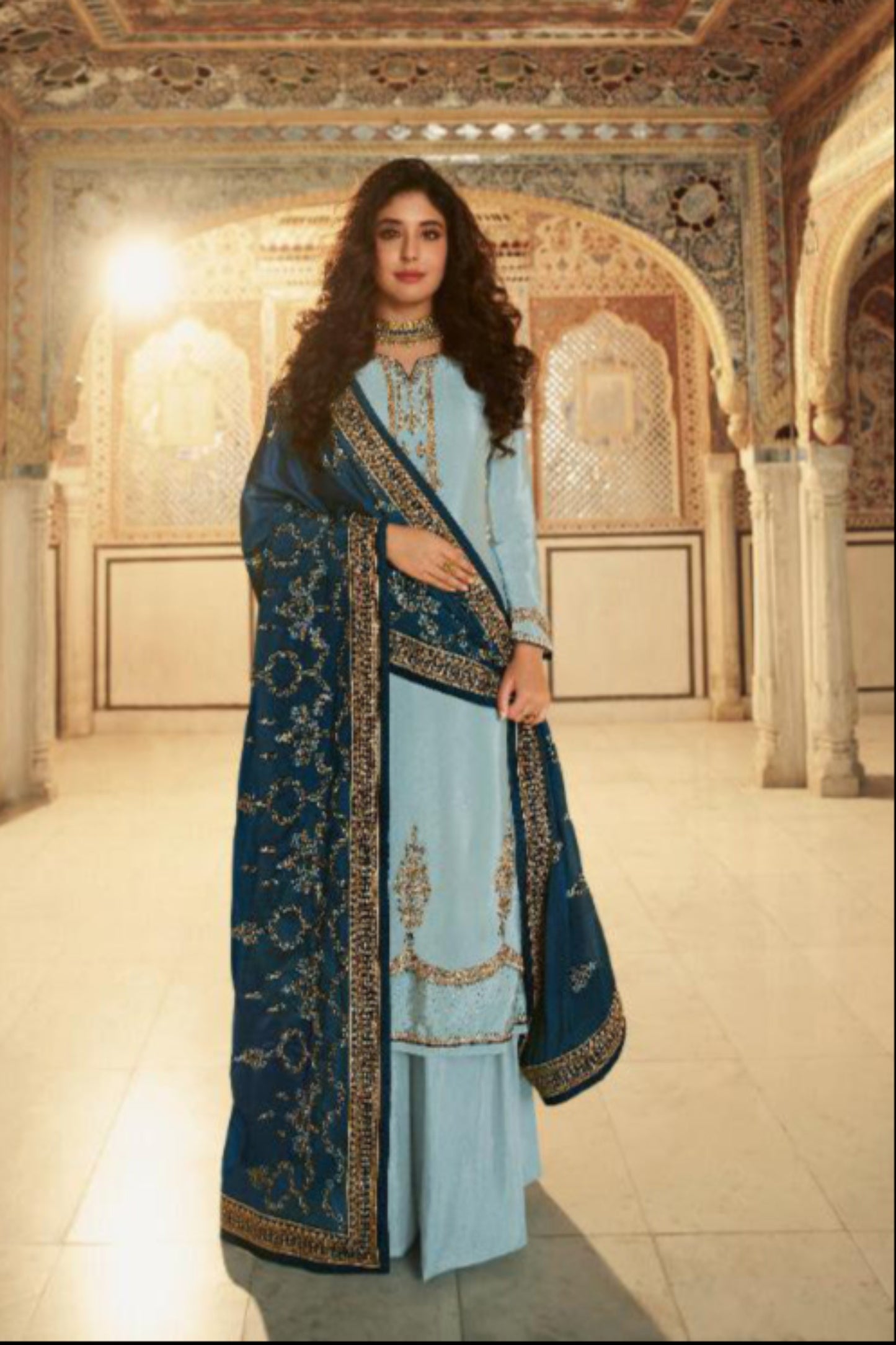 Sky Blue Embroidered Ready-to-Wear Luxury Palazzo Dress New Style
