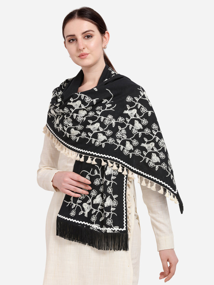 Black Floral Embroidered Pure Khadi Dupatta for Events