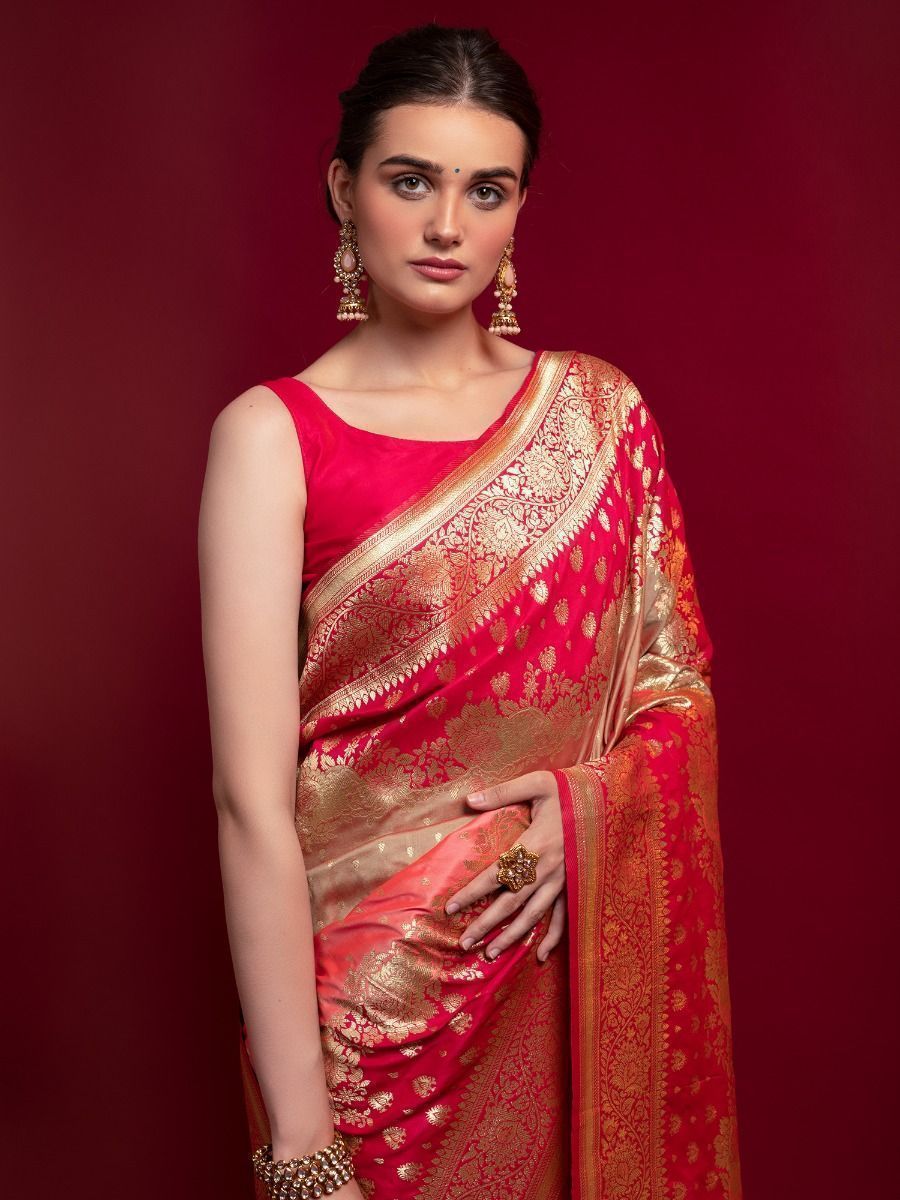 Women's Wear Ready To Wear Red Color Weaving Work Stylish Silk Fabric Saree