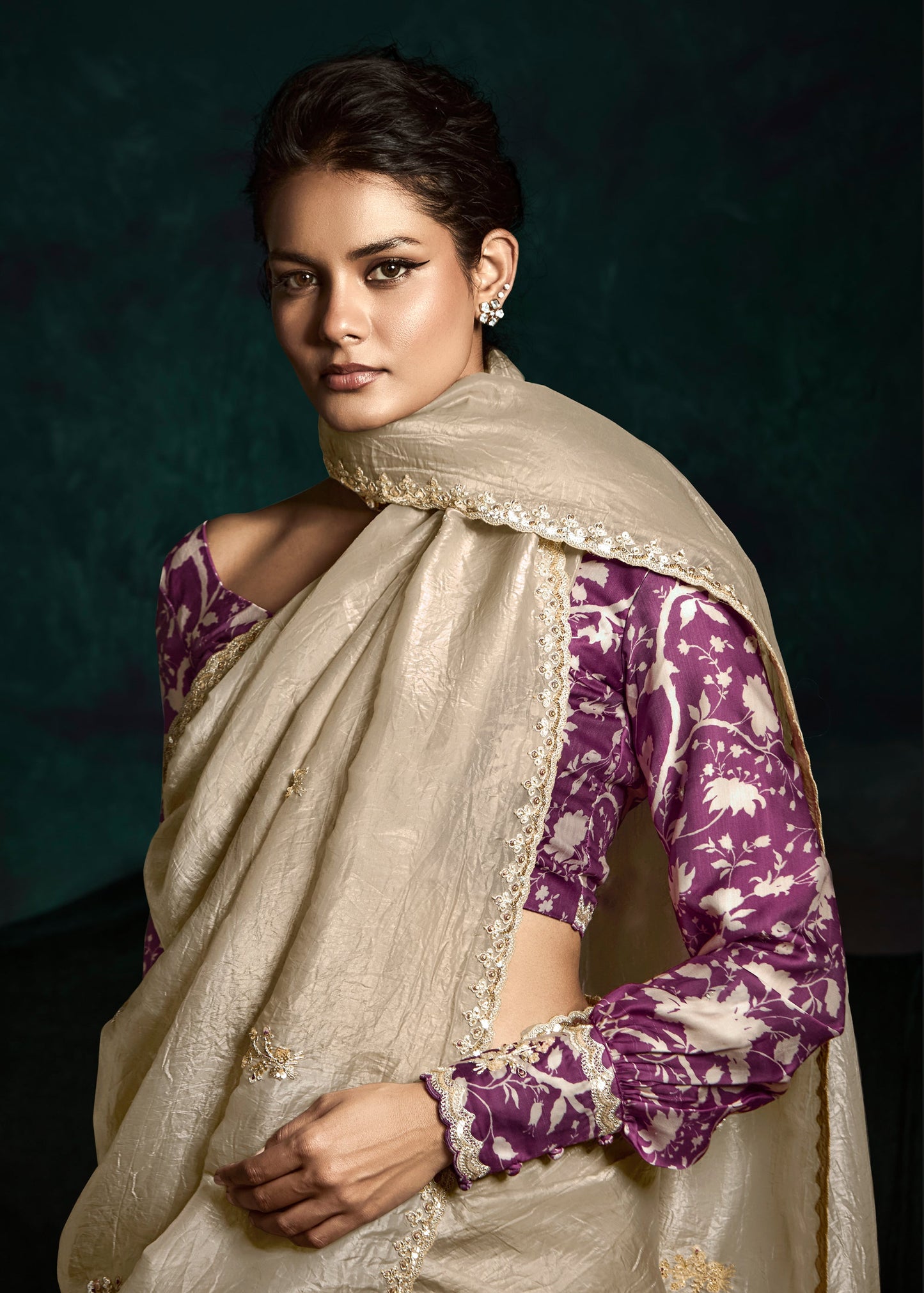 Beige Color Designer Embroidery Work Saree With Printed Blouse