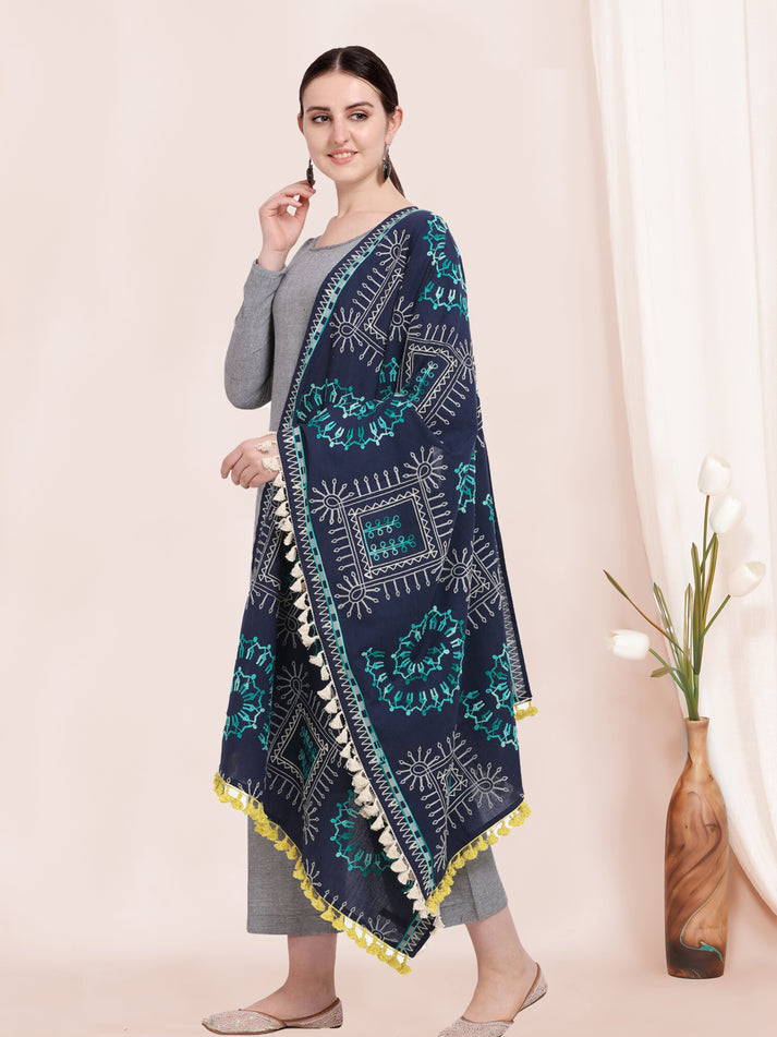 Navy Blue Designer Khadi Cotton Dupatta with Heavy Embroidery