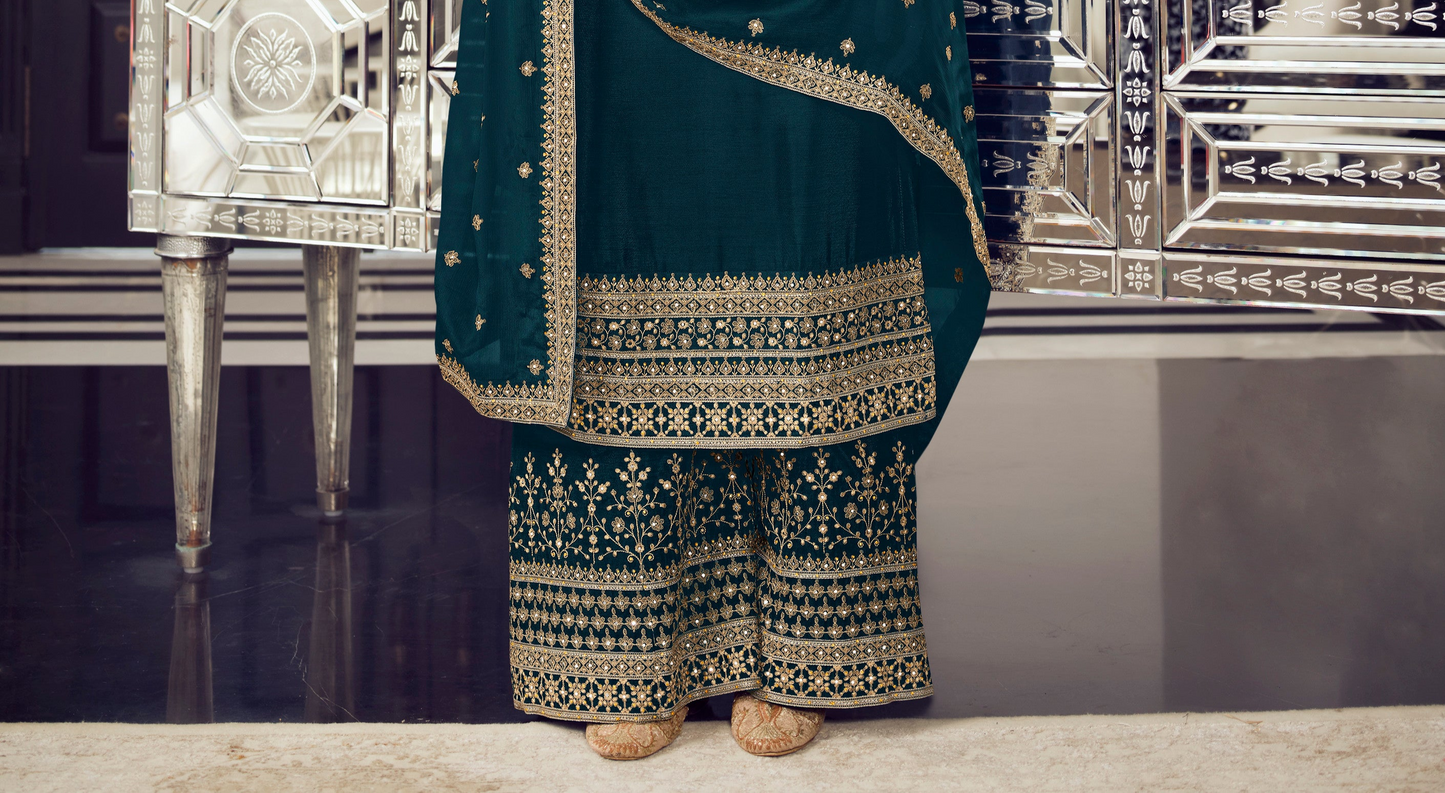 Teal Salwar Kameez Palazzo Suit with Dupatta for USA Weddings