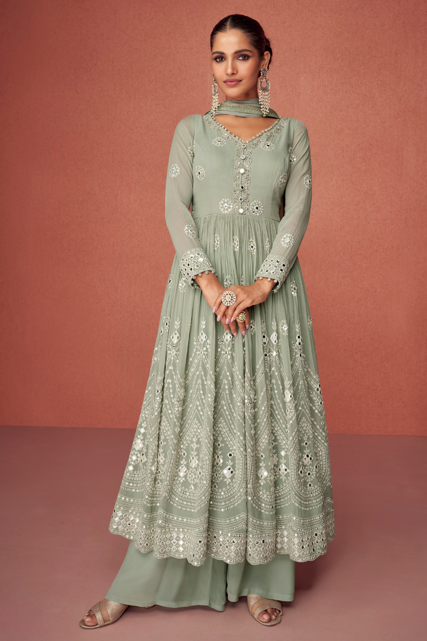 New Style Pista Color Plazzo For Indian-Pakistan Wedding-Reception