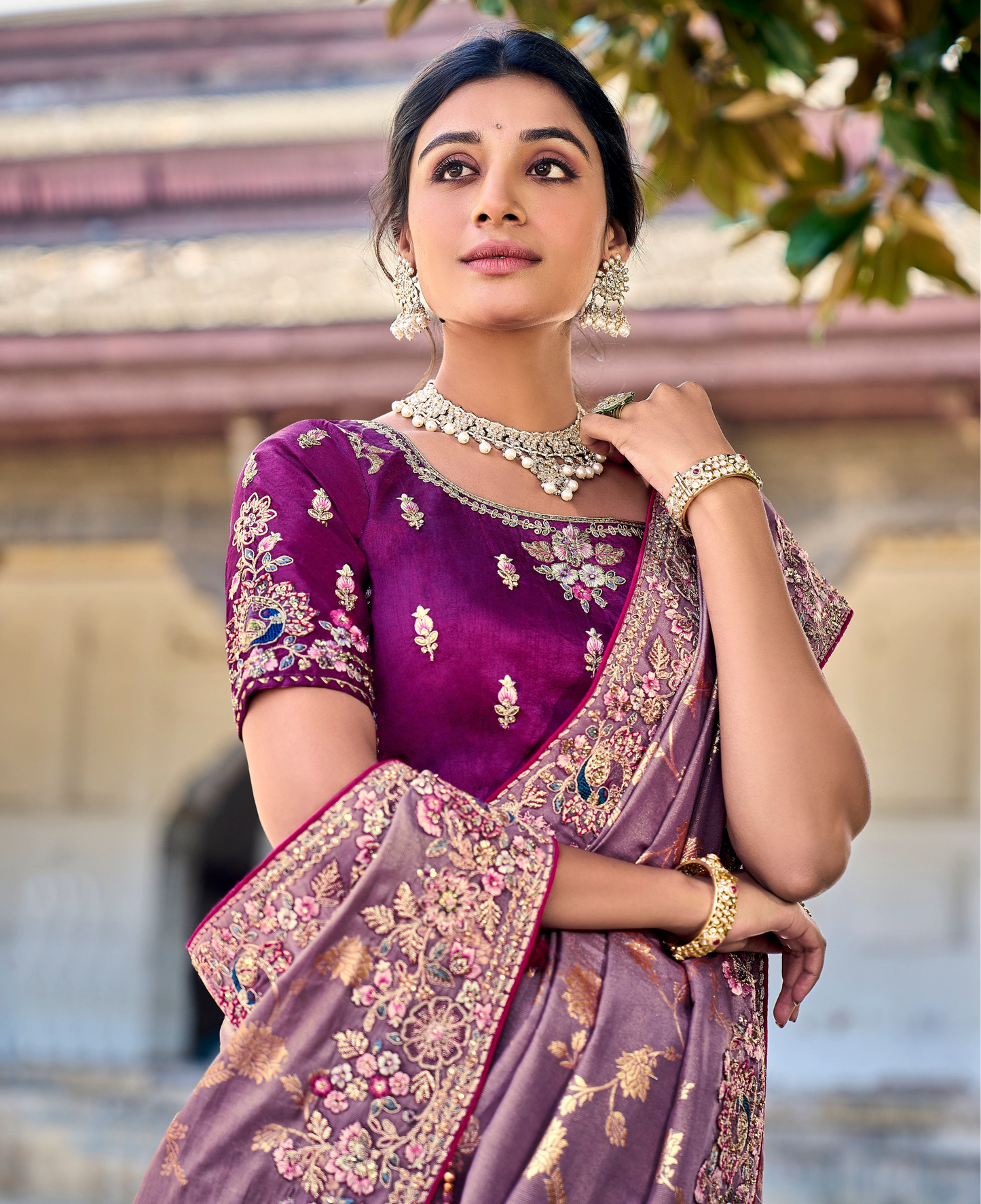 Faded Purple Gadwal Silk Saree with Magenta Blouse for Events