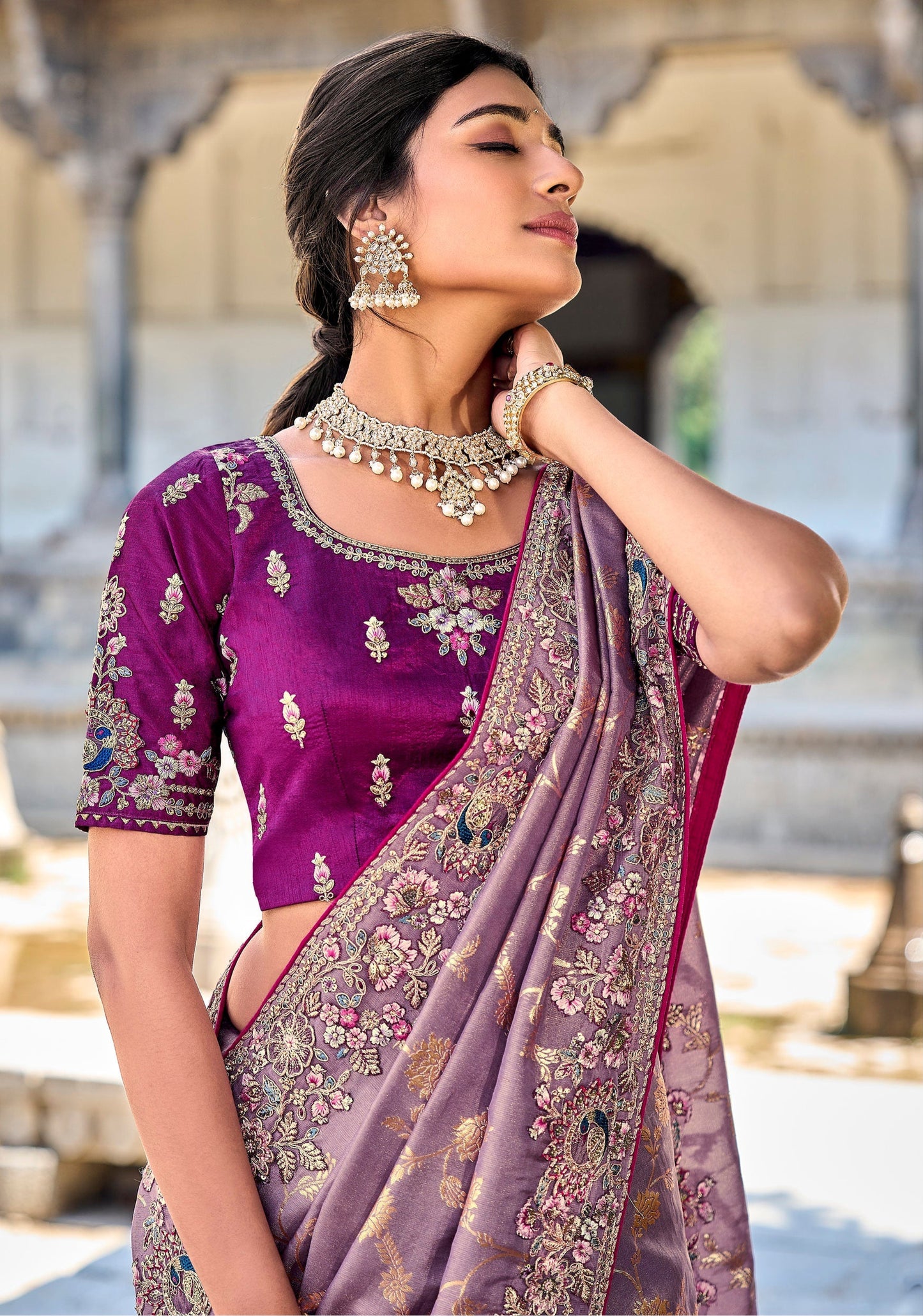 Faded Purple Gadwal Silk Saree with Magenta Blouse for Events