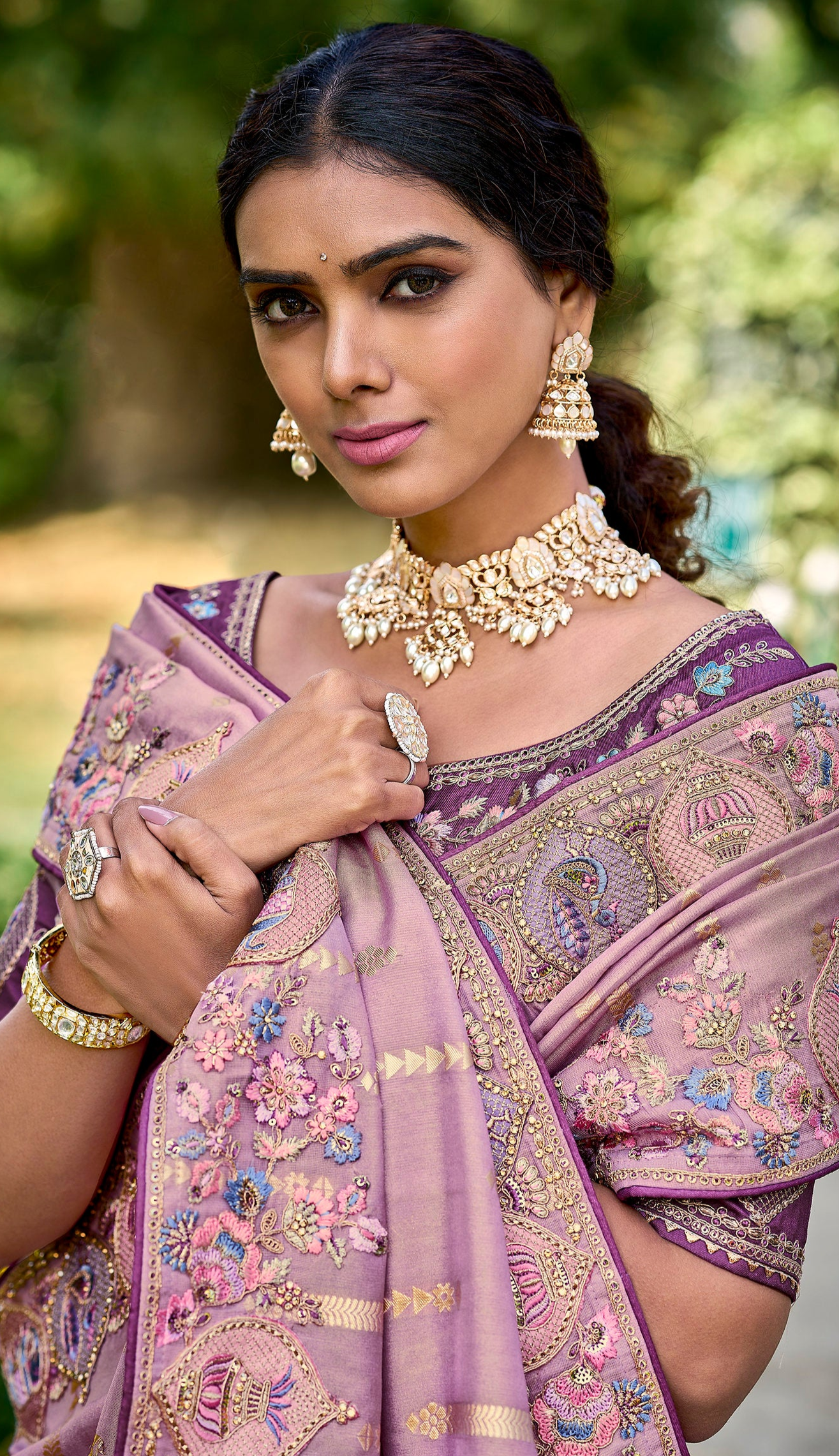 Oriental Pink Gadwal Silk Saree with Embroidery for Party & Reception