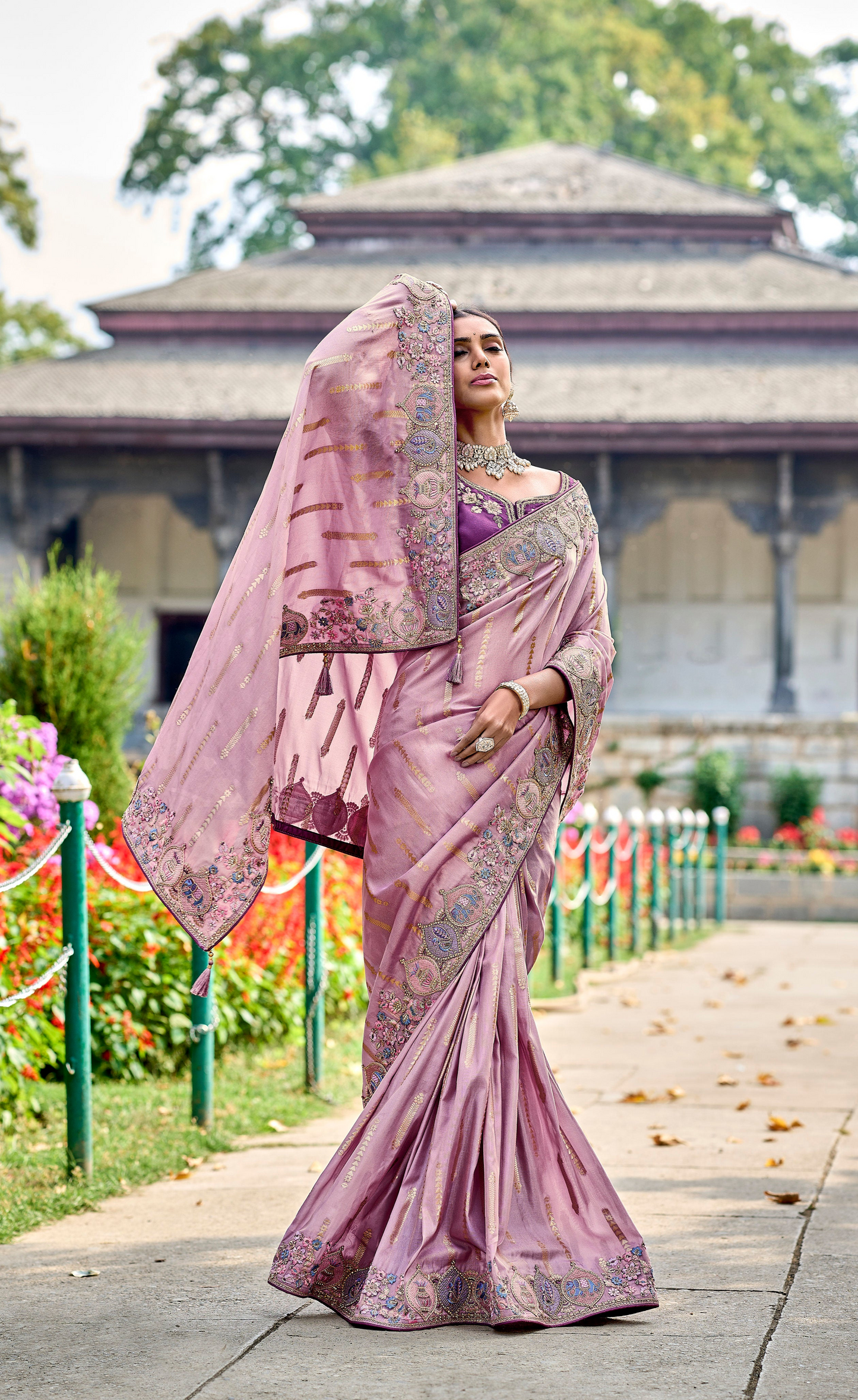 Oriental Pink Gadwal Silk Saree with Embroidery for Party & Reception