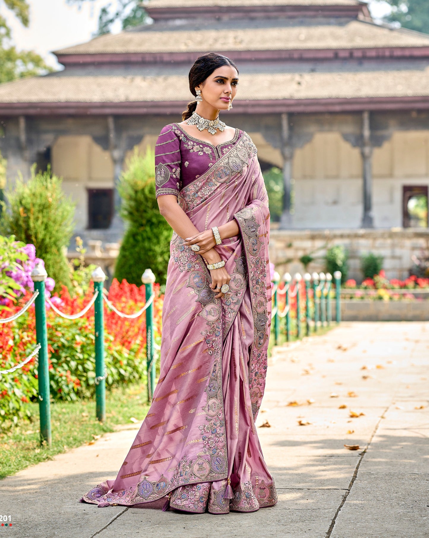 Oriental Pink Gadwal Silk Saree with Embroidery for Party & Reception
