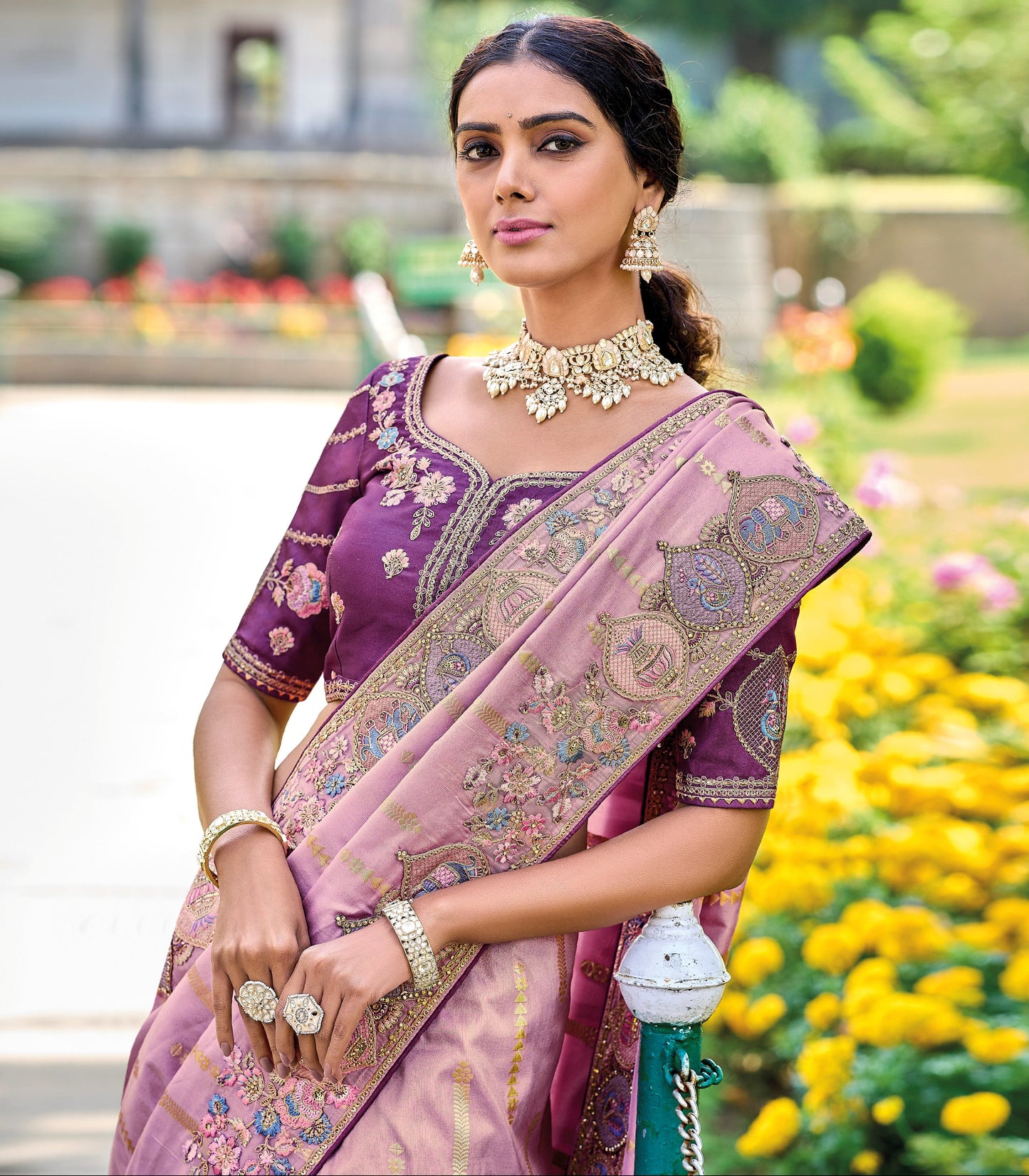 Oriental Pink Gadwal Silk Saree with Embroidery for Party & Reception