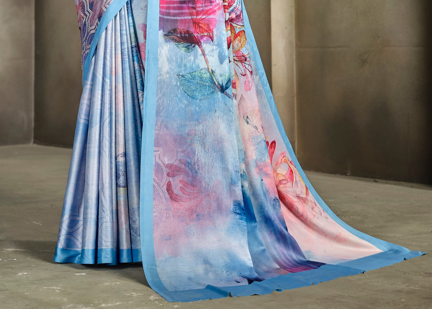 Fancy silk saree with stitched blouse for receptions and parties.