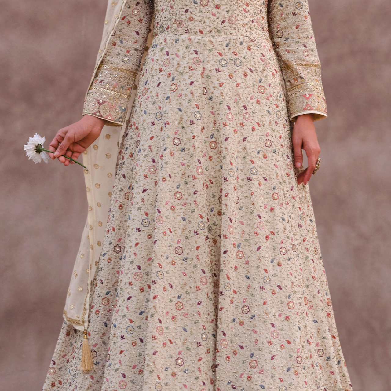 Off-White Georgette Full-Length Anarkali with Embroidery Work